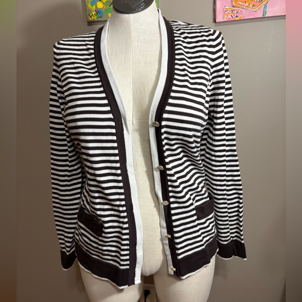 Lands' End Brown and White Striped Cardigan